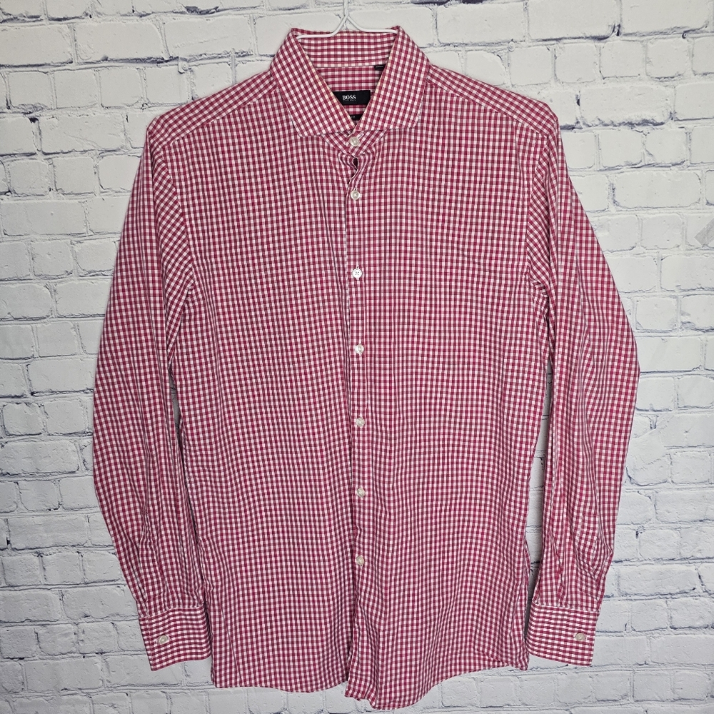 Hugo Boss Men's 100% Cotton Slim Fit Red Checkered Shirt L